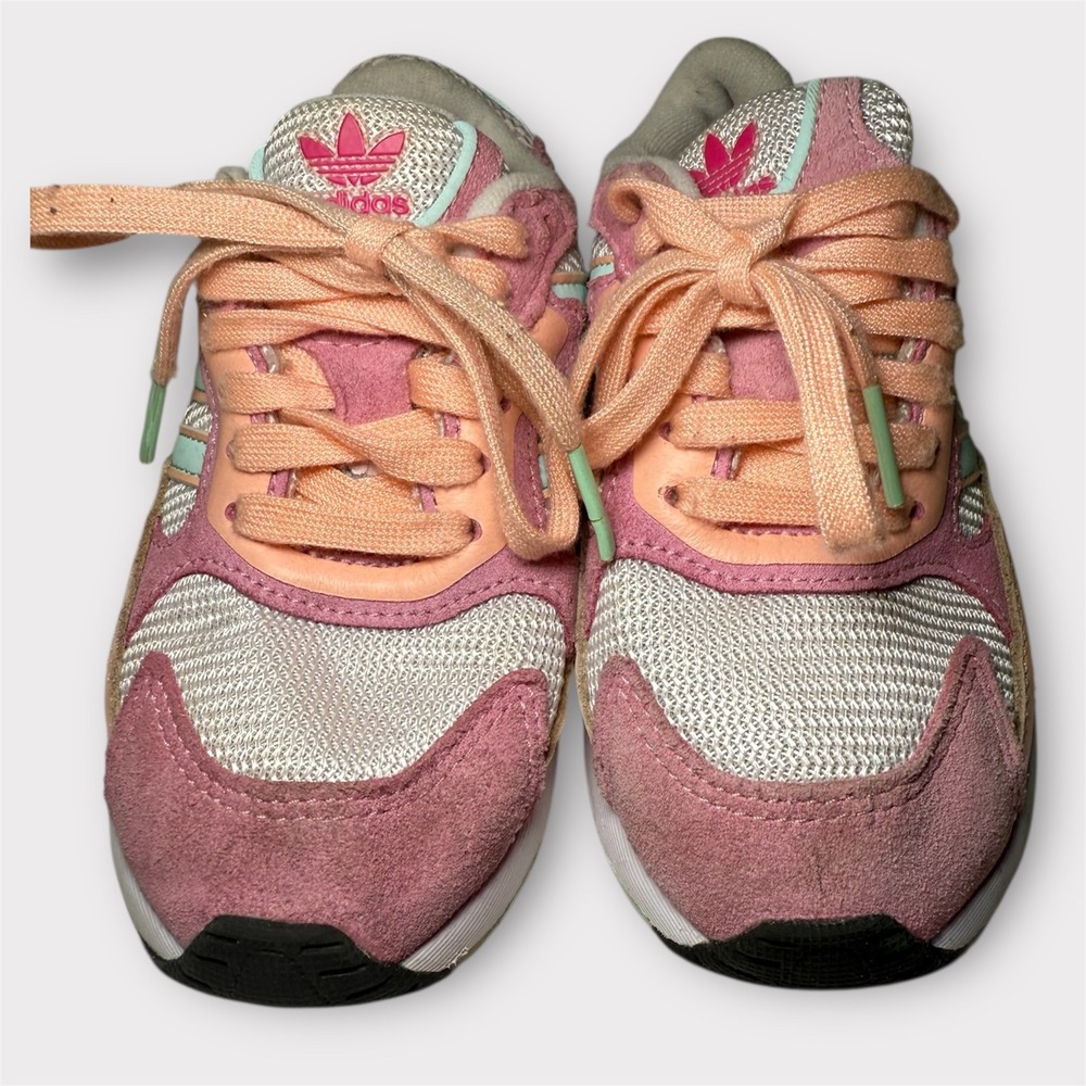 Adidas Kids Toddler Sneakers Pink Mint Peach Lace Up Shoes‎ Size 11K US - Picture 3 of 6
